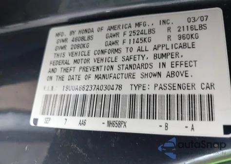 2007 Acura Tl 3.2 from USA, damaged, VIN 19UUA66237A030478